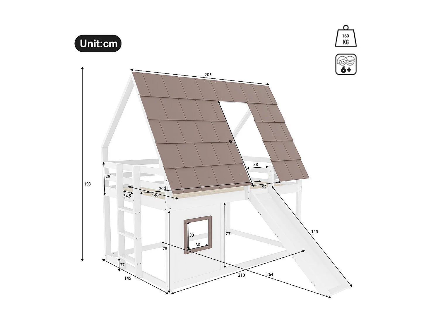 Lit superposé bois mezzanine 140x200 toit échelle toboggan blanc marron