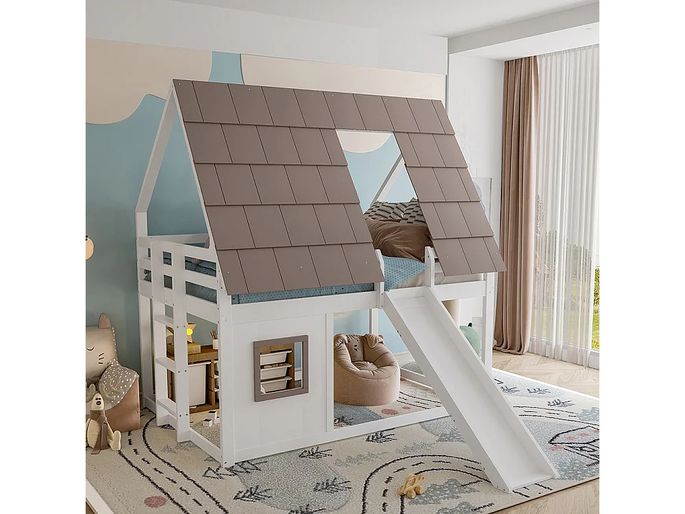 Lit superposé bois mezzanine 140x200 toit échelle toboggan blanc marron