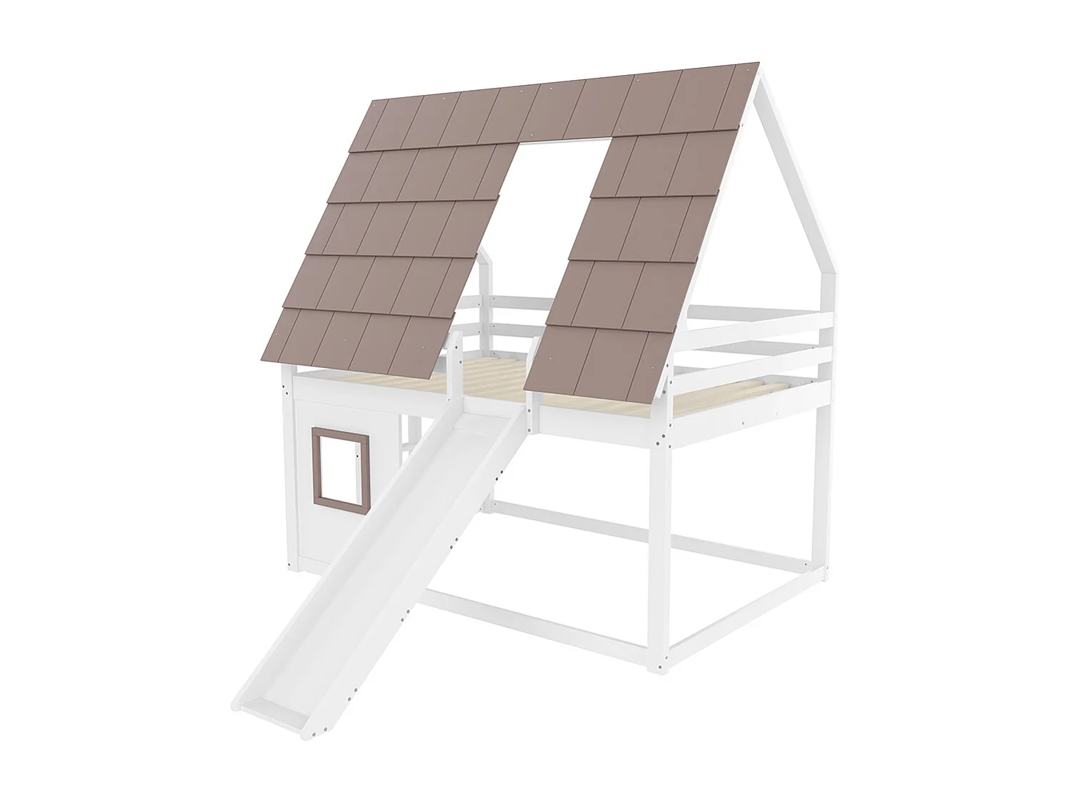 Lit superposé bois mezzanine 140x200 toit échelle toboggan blanc marron