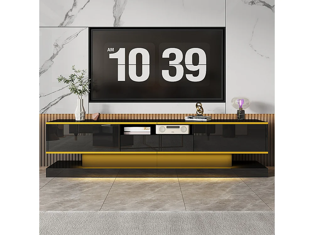 Meuble TV moderne LED avec 3 tiroirs et un compartiment ouvert brillant noir+or