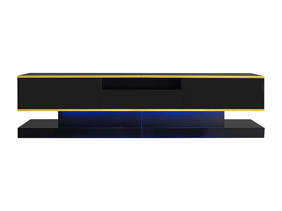 Meuble TV moderne LED avec 3 tiroirs et un compartiment ouvert brillant noir+or
