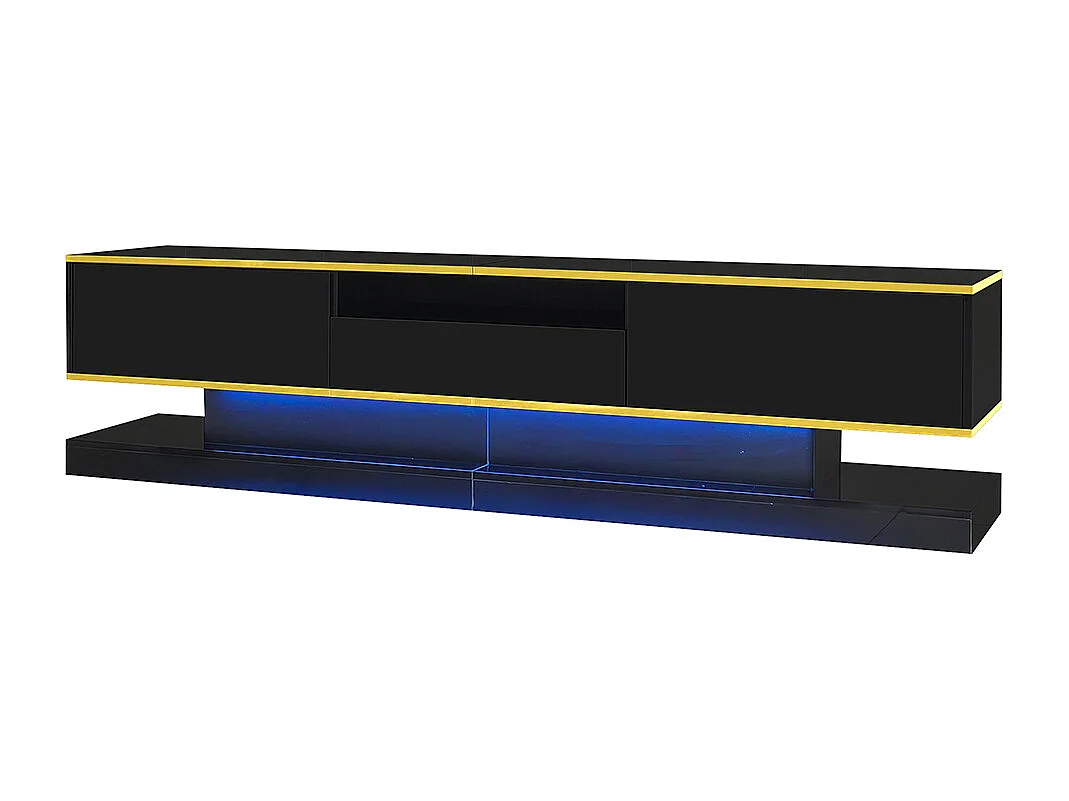 Meuble TV moderne LED avec 3 tiroirs et un compartiment ouvert brillant noir+or