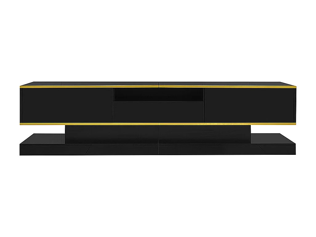Meuble TV moderne LED avec 3 tiroirs et un compartiment ouvert brillant noir+or