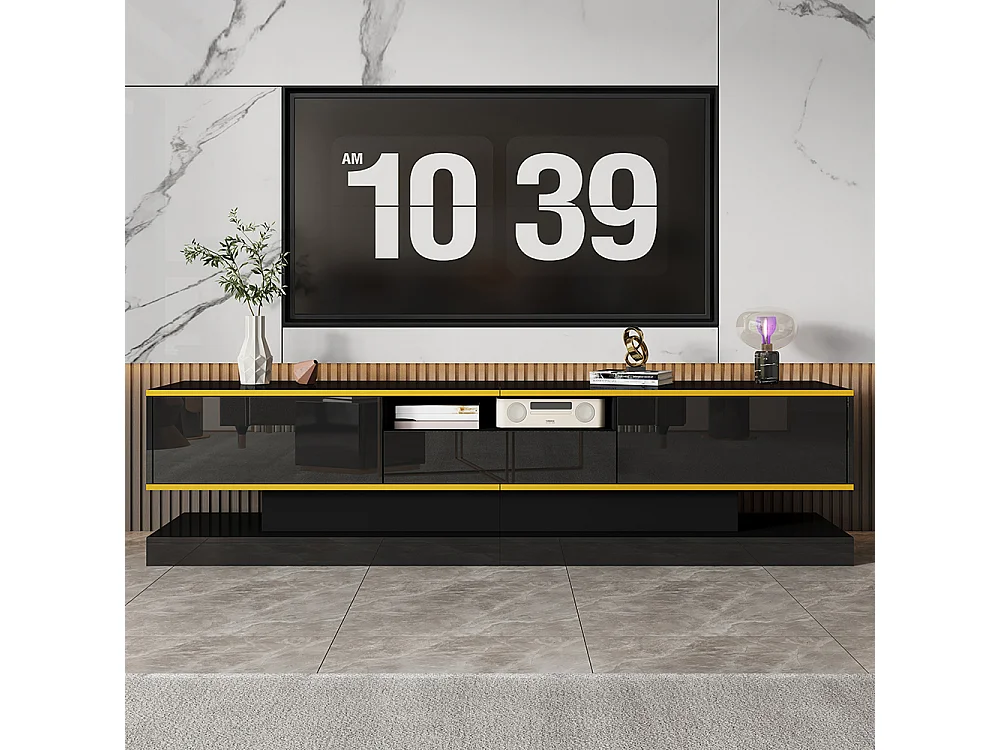 Meuble TV moderne LED avec 3 tiroirs et un compartiment ouvert brillant noir+or