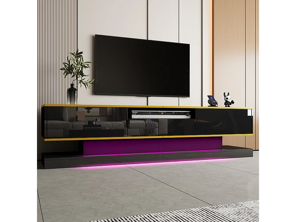 Meuble TV moderne LED avec 3 tiroirs et un compartiment ouvert brillant noir+or