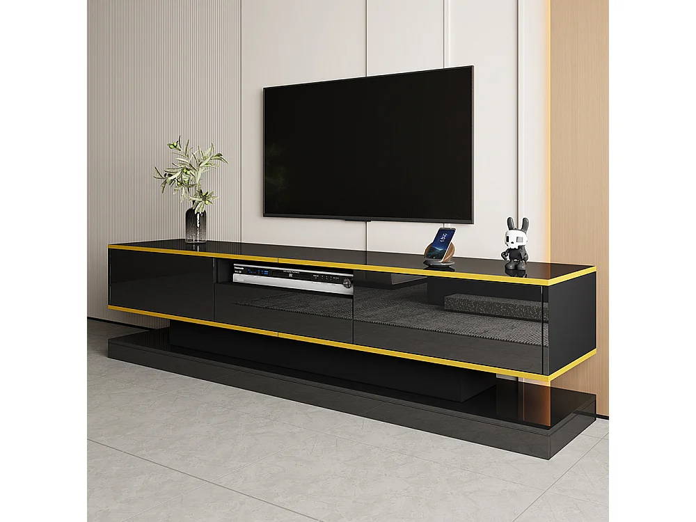 Meuble TV moderne LED avec 3 tiroirs et un compartiment ouvert brillant noir+or