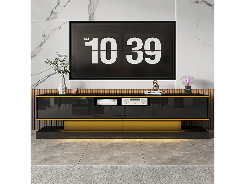Meuble TV moderne LED avec 3 tiroirs et un compartiment ouvert brillant noir+or