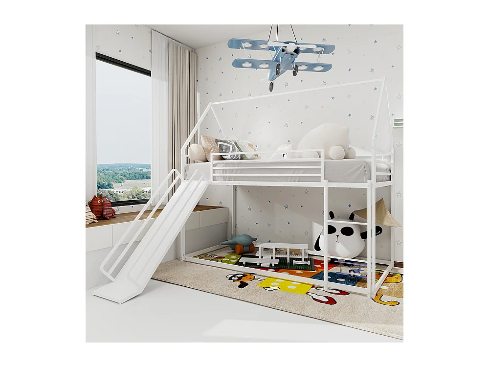 Lit mezzanine 90x190 Twin sur Twin toboggan chambre enfants cadre maison échelle montage facile blanc
