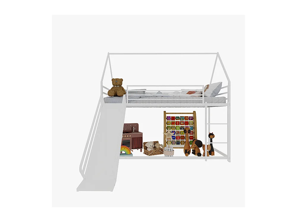 Lit mezzanine 90x190 Twin sur Twin toboggan chambre enfants cadre maison échelle montage facile blanc