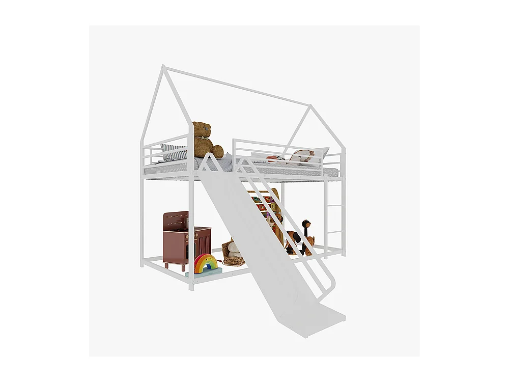 Lit mezzanine 90x190 Twin sur Twin toboggan chambre enfants cadre maison échelle montage facile blanc