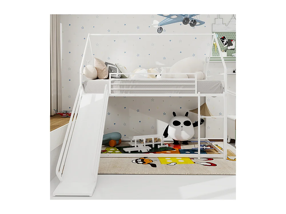 Lit mezzanine 90x190 Twin sur Twin toboggan chambre enfants cadre maison échelle montage facile blanc