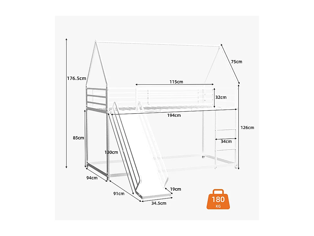 Lit mezzanine 90x190 Twin sur Twin toboggan chambre enfants cadre maison échelle montage facile blanc