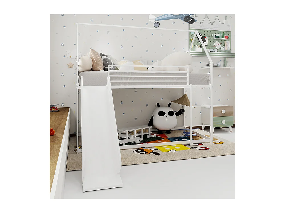 Lit mezzanine 90x190 Twin sur Twin toboggan chambre enfants cadre maison échelle montage facile blanc