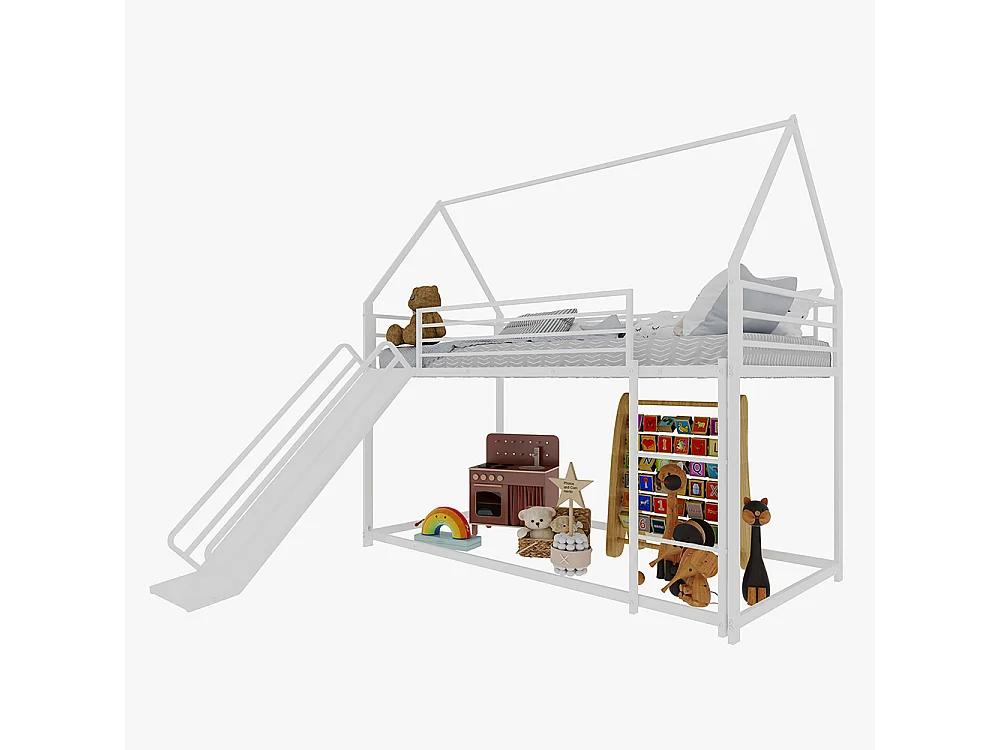 Lit mezzanine 90x190 Twin sur Twin toboggan chambre enfants cadre maison échelle montage facile blanc