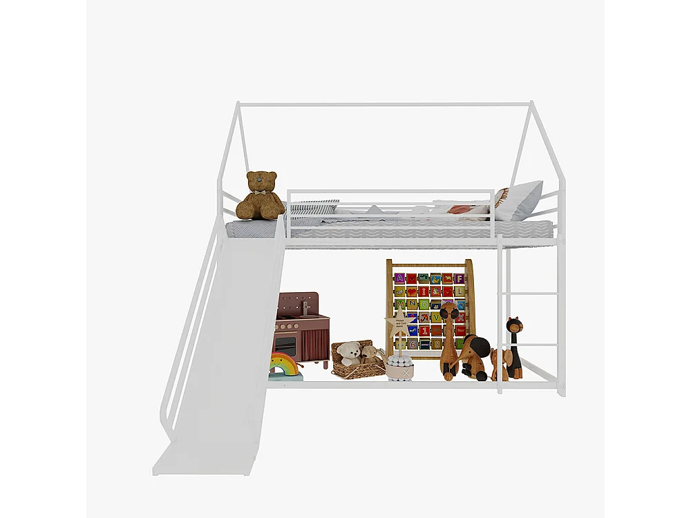 Lit mezzanine 90x190 Twin sur Twin toboggan chambre enfants cadre maison échelle montage facile blanc