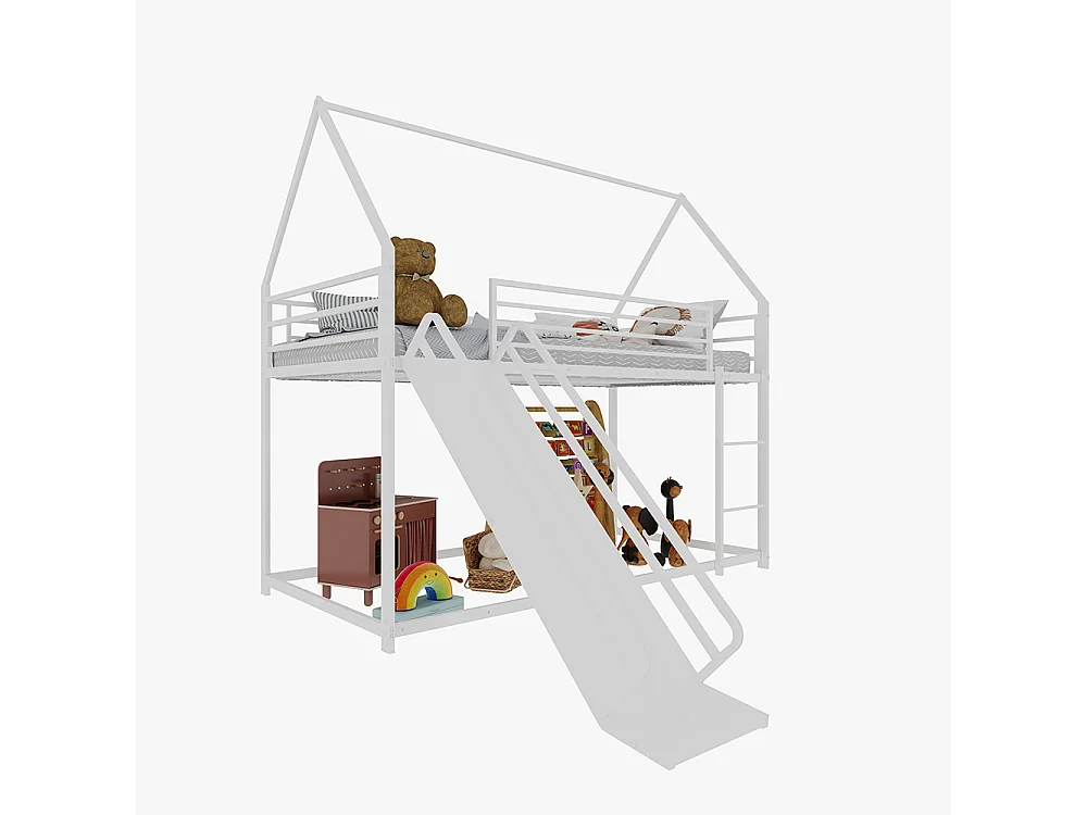Lit mezzanine 90x190 Twin sur Twin toboggan chambre enfants cadre maison échelle montage facile blanc