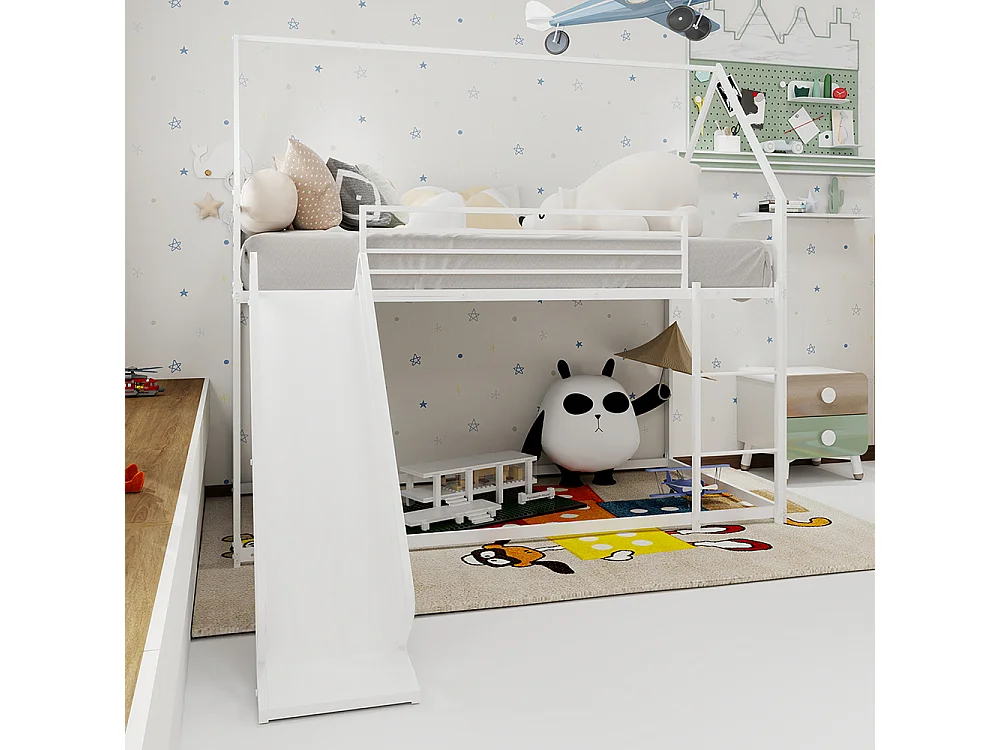 Lit mezzanine 90x190 Twin sur Twin toboggan chambre enfants cadre maison échelle montage facile blanc