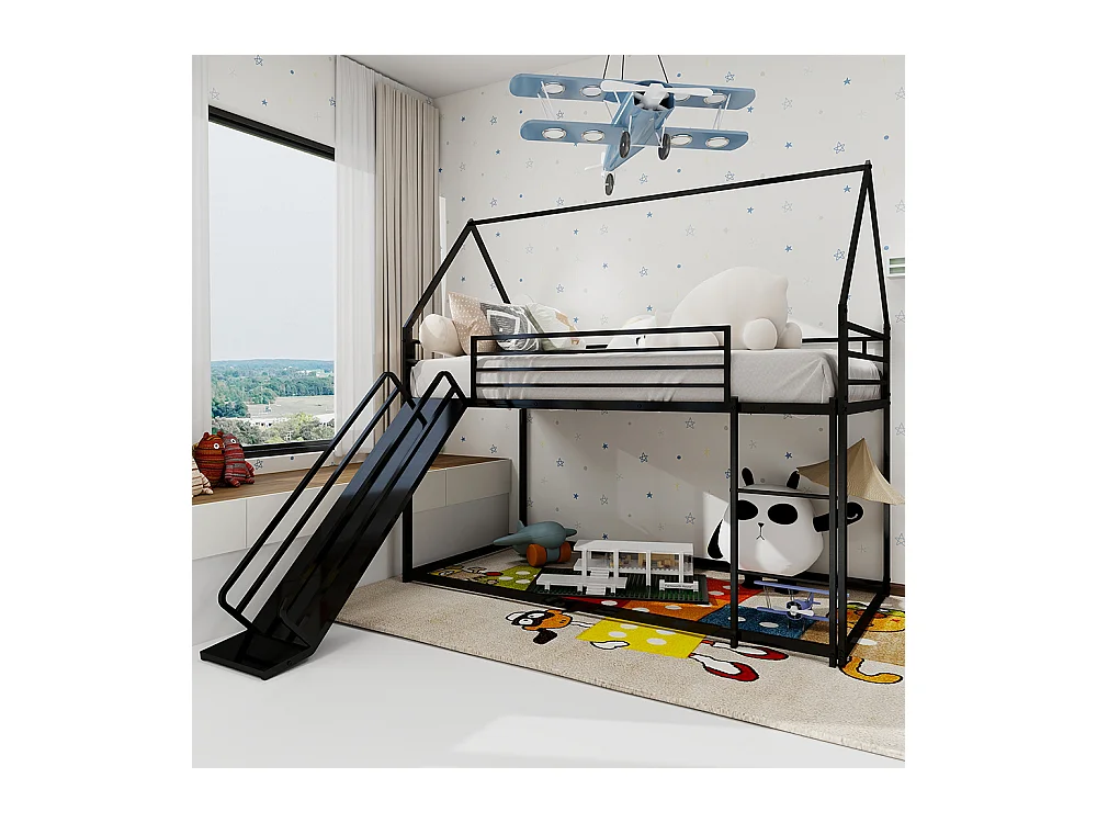 Lit mezzanine 90x190 Twin sur Twin toboggan chambre enfants cadre maison échelle montage facile noir