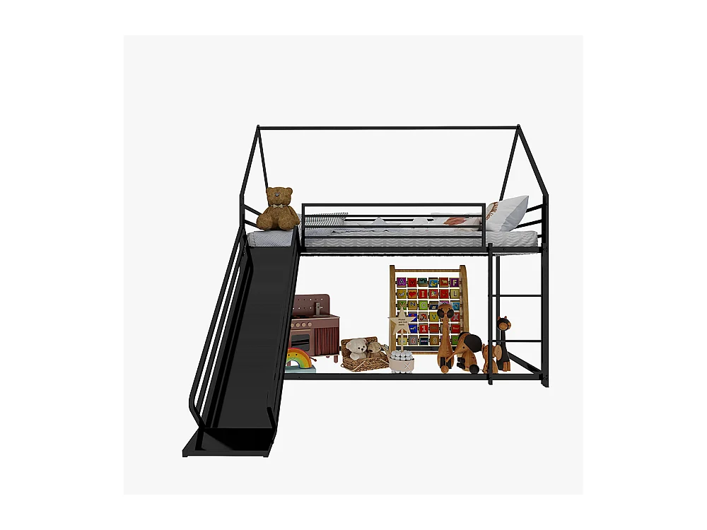 Lit mezzanine 90x190 Twin sur Twin toboggan chambre enfants cadre maison échelle montage facile noir