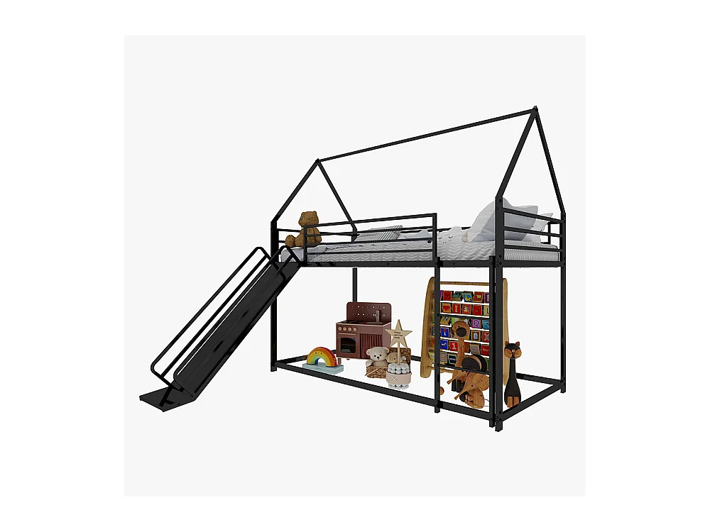 Lit mezzanine 90x190 Twin sur Twin toboggan chambre enfants cadre maison échelle montage facile noir