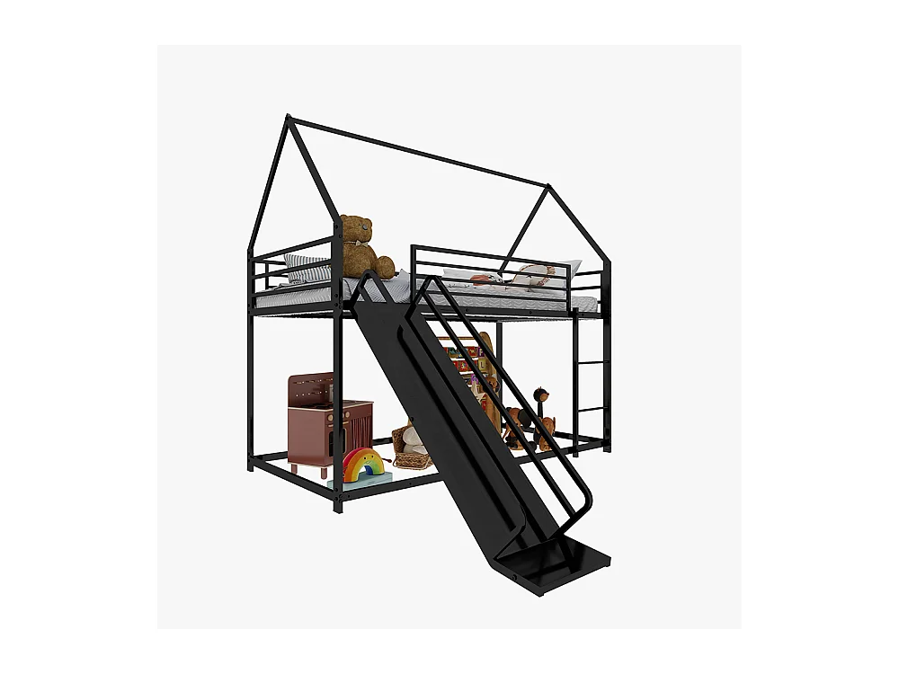 Lit mezzanine 90x190 Twin sur Twin toboggan chambre enfants cadre maison échelle montage facile noir