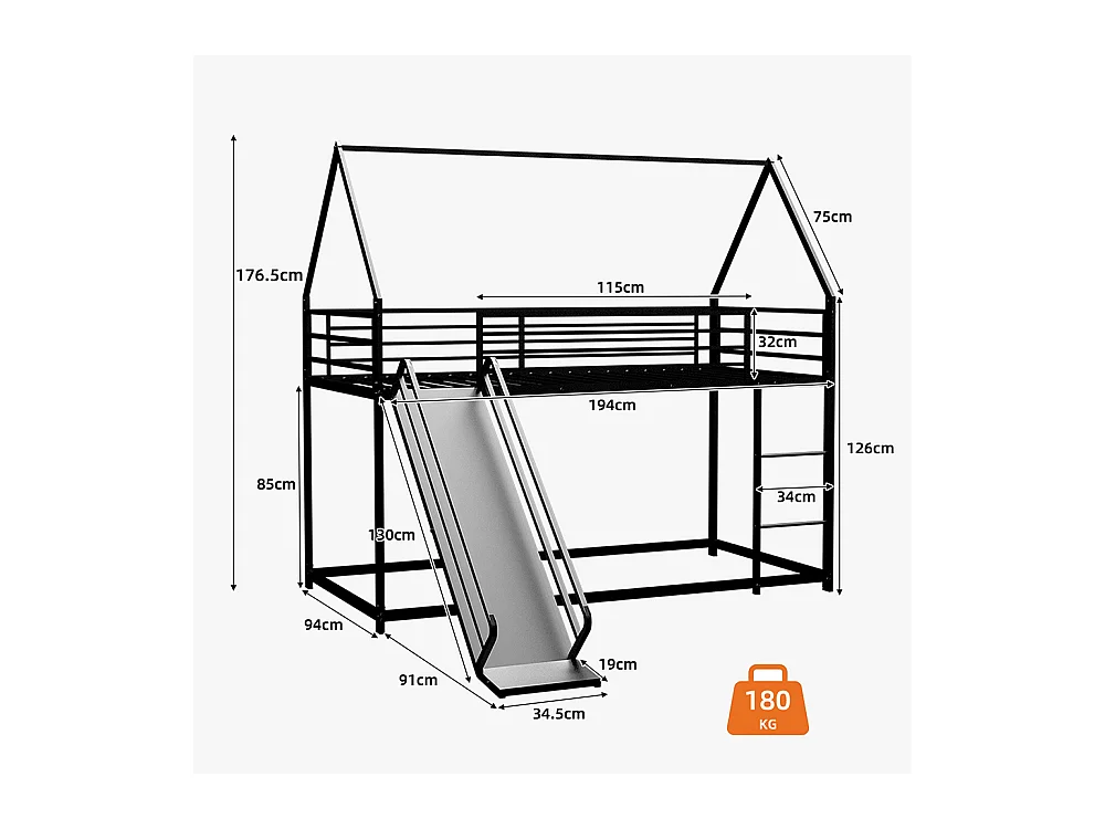 Lit mezzanine 90x190 Twin sur Twin toboggan chambre enfants cadre maison échelle montage facile noir