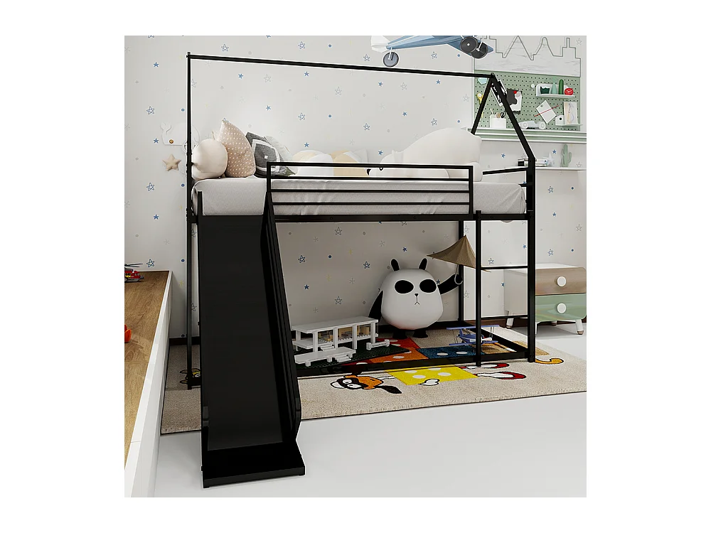 Lit mezzanine 90x190 Twin sur Twin toboggan chambre enfants cadre maison échelle montage facile noir