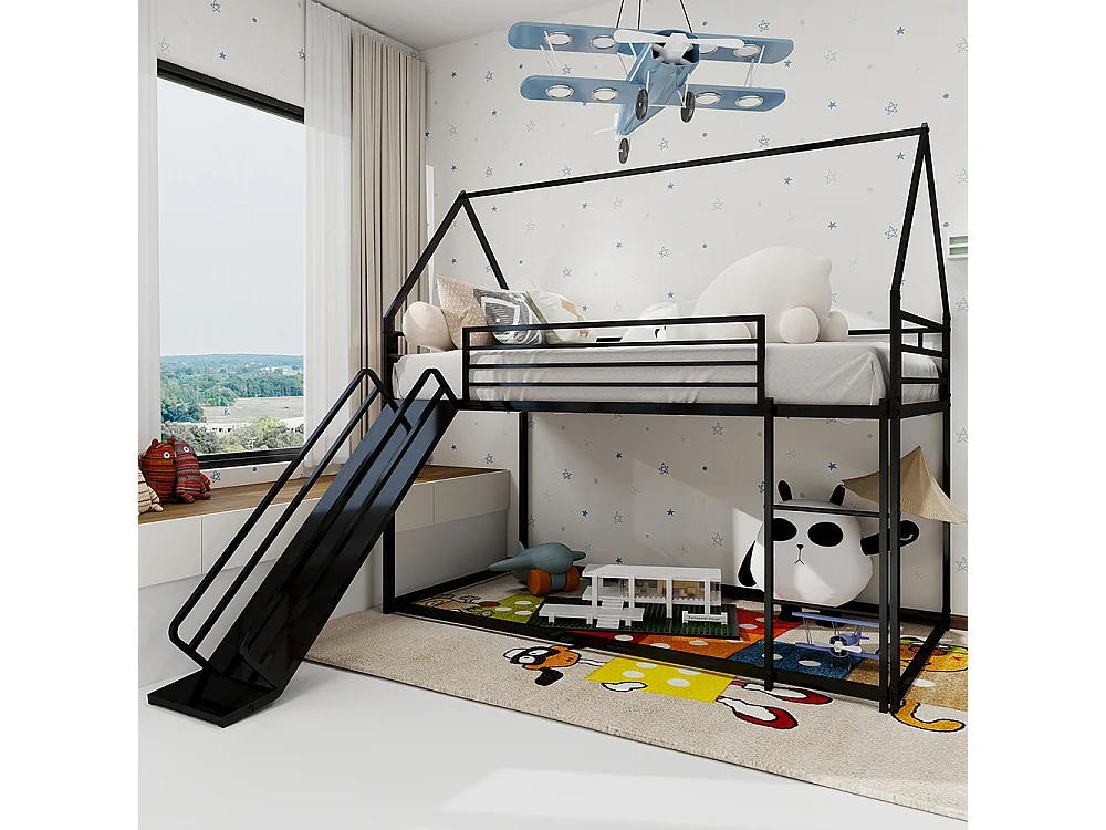 Lit mezzanine 90x190 Twin sur Twin toboggan chambre enfants cadre maison échelle montage facile noir
