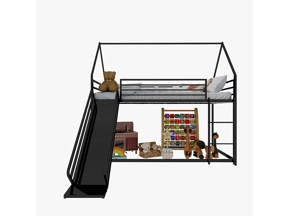 Lit mezzanine 90x190 Twin sur Twin toboggan chambre enfants cadre maison échelle montage facile noir