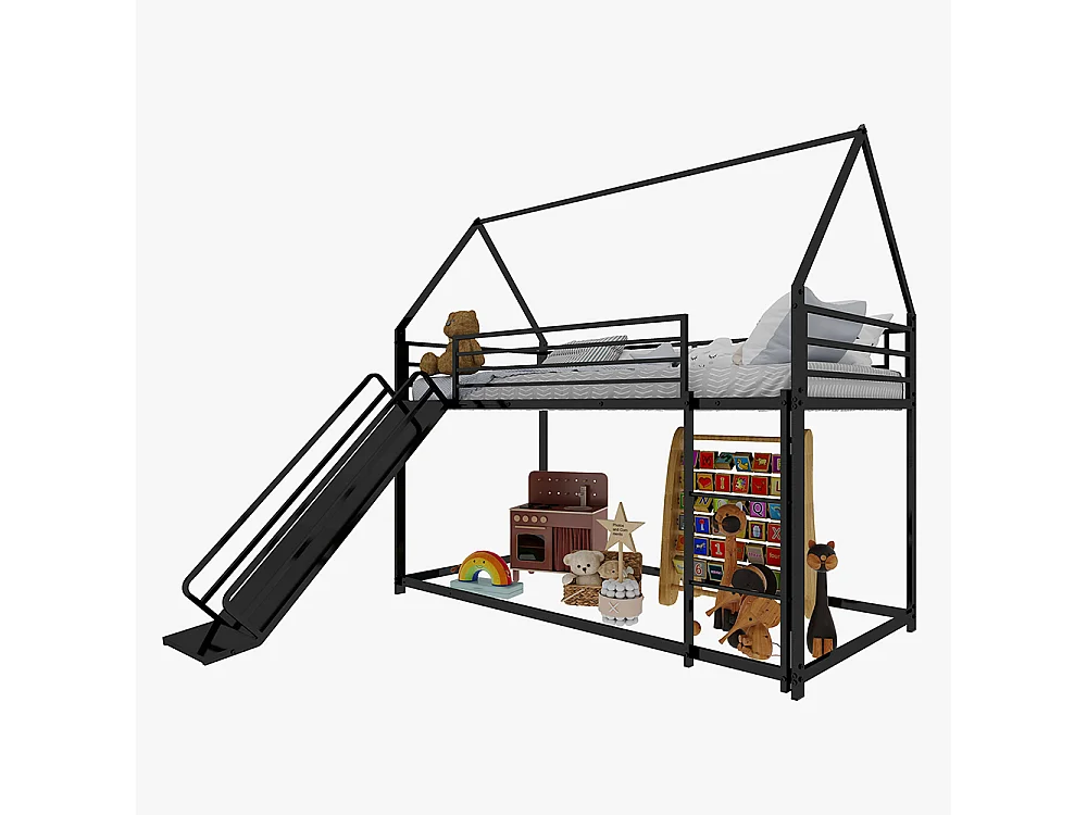Lit mezzanine 90x190 Twin sur Twin toboggan chambre enfants cadre maison échelle montage facile noir
