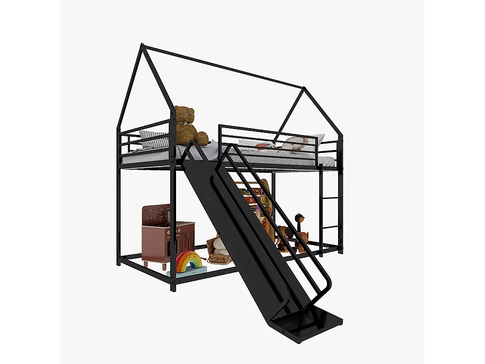 Lit mezzanine 90x190 Twin sur Twin toboggan chambre enfants cadre maison échelle montage facile noir