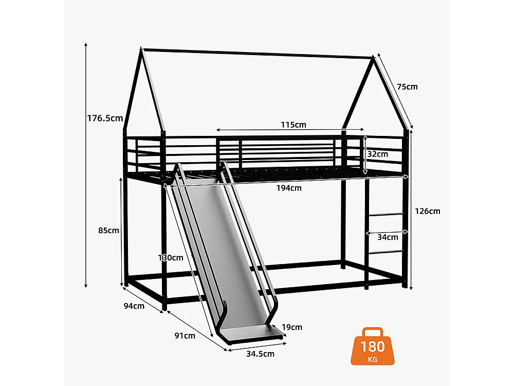Lit mezzanine 90x190 Twin sur Twin toboggan chambre enfants cadre maison échelle montage facile noir