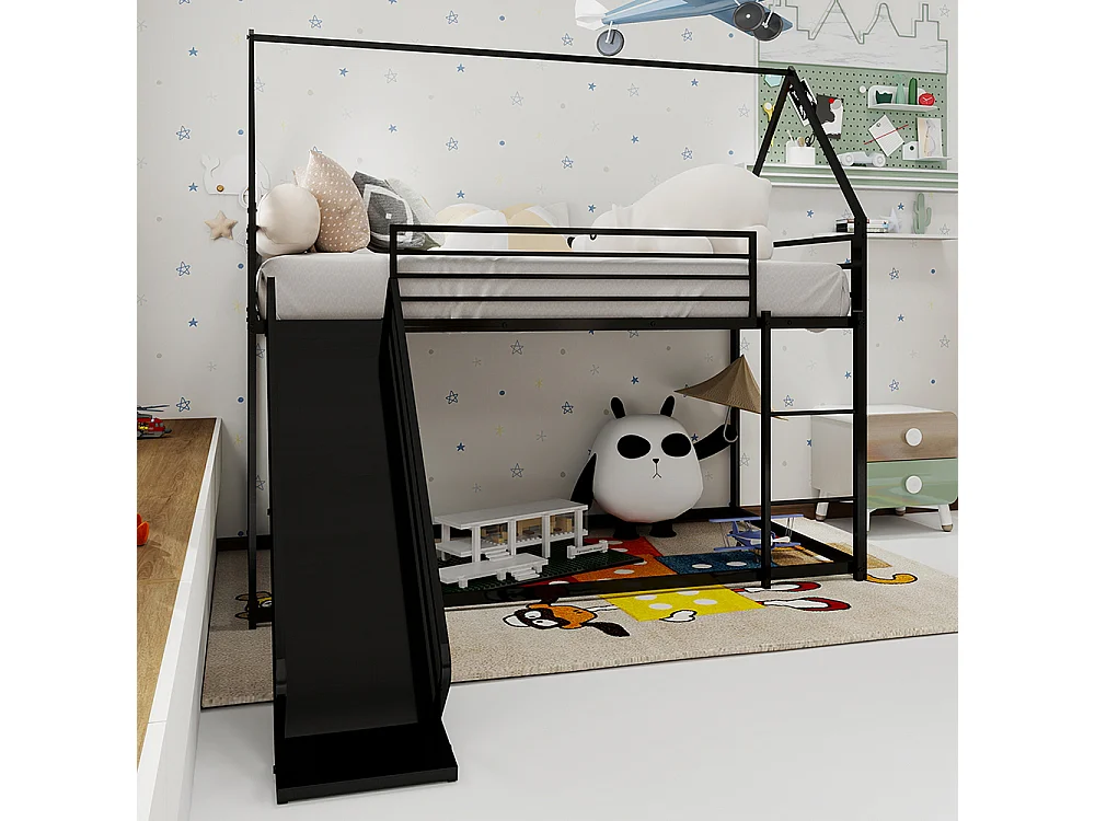 Lit mezzanine 90x190 Twin sur Twin toboggan chambre enfants cadre maison échelle montage facile noir