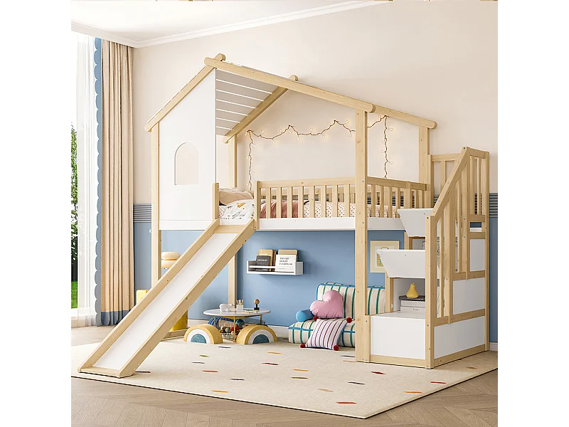 Lit mezzanine 90x200 cm barrières sécurité échelle rangement fenêtre toboggan moulure naturel blanc