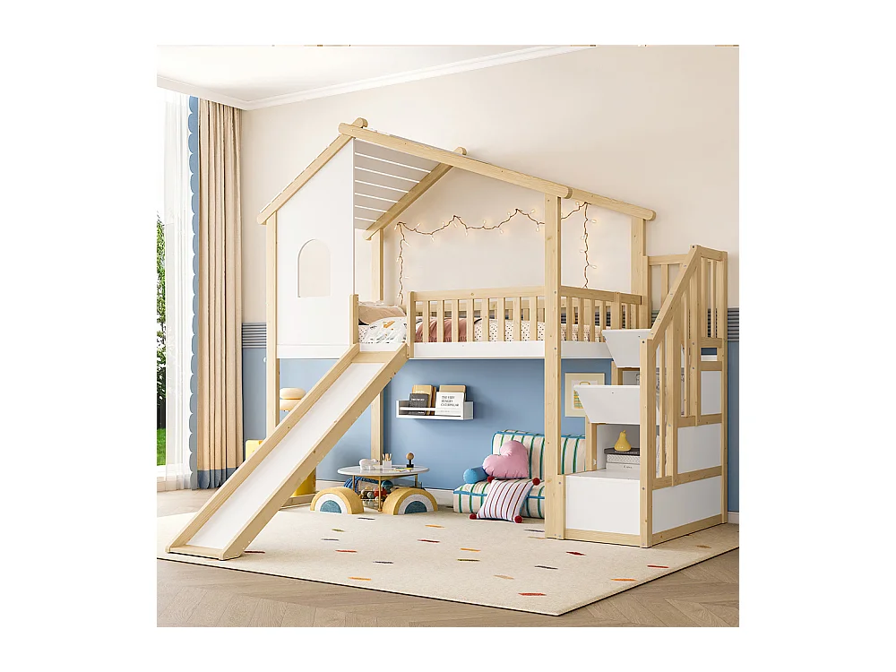 Lit mezzanine 90x200 cm barrières sécurité échelle rangement fenêtre toboggan moulure naturel blanc