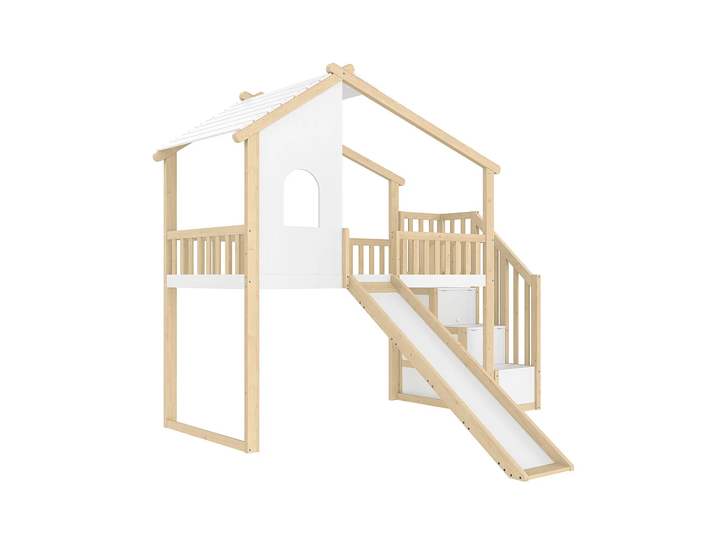 Lit mezzanine 90x200 cm barrières sécurité échelle rangement fenêtre toboggan moulure naturel blanc