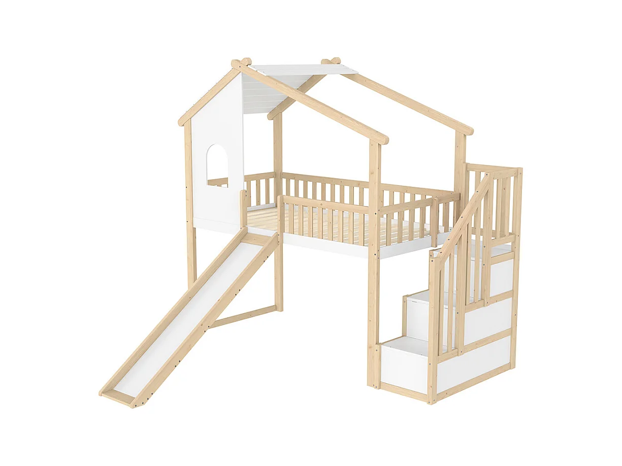 Lit mezzanine 90x200 cm barrières sécurité échelle rangement fenêtre toboggan moulure naturel blanc