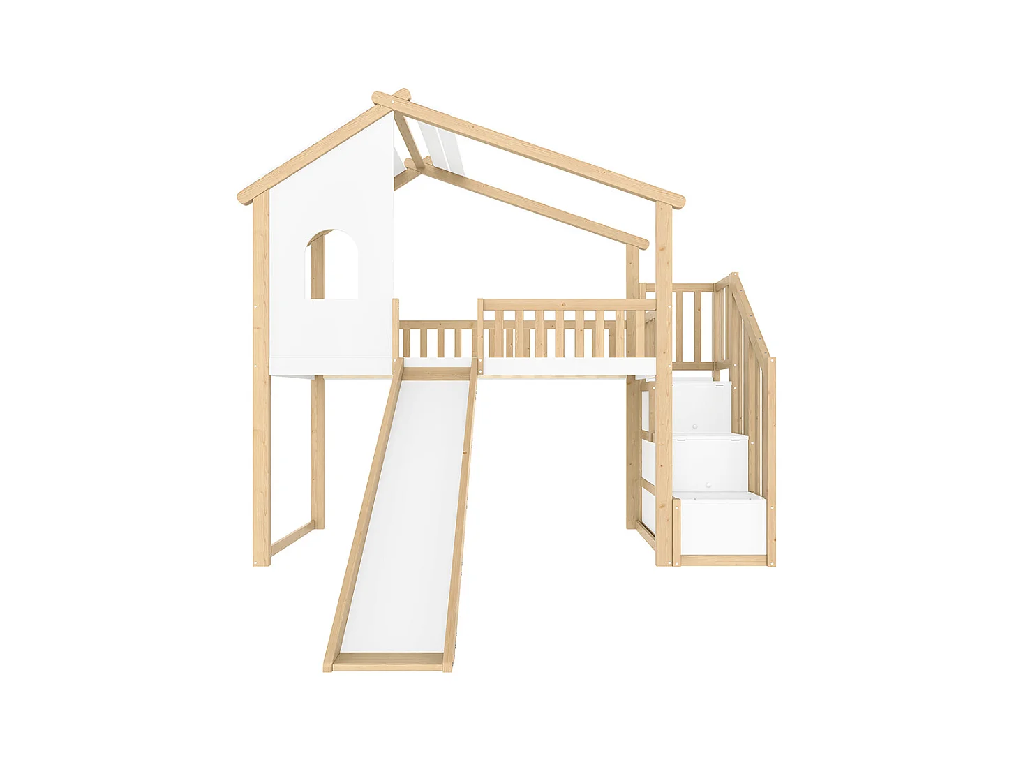 Lit mezzanine 90x200 cm barrières sécurité échelle rangement fenêtre toboggan moulure naturel blanc