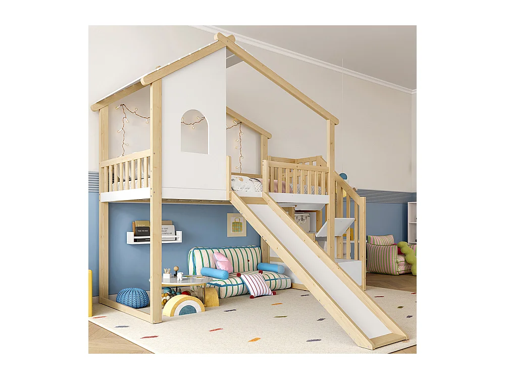 Lit mezzanine 90x200 cm barrières sécurité échelle rangement fenêtre toboggan moulure naturel blanc