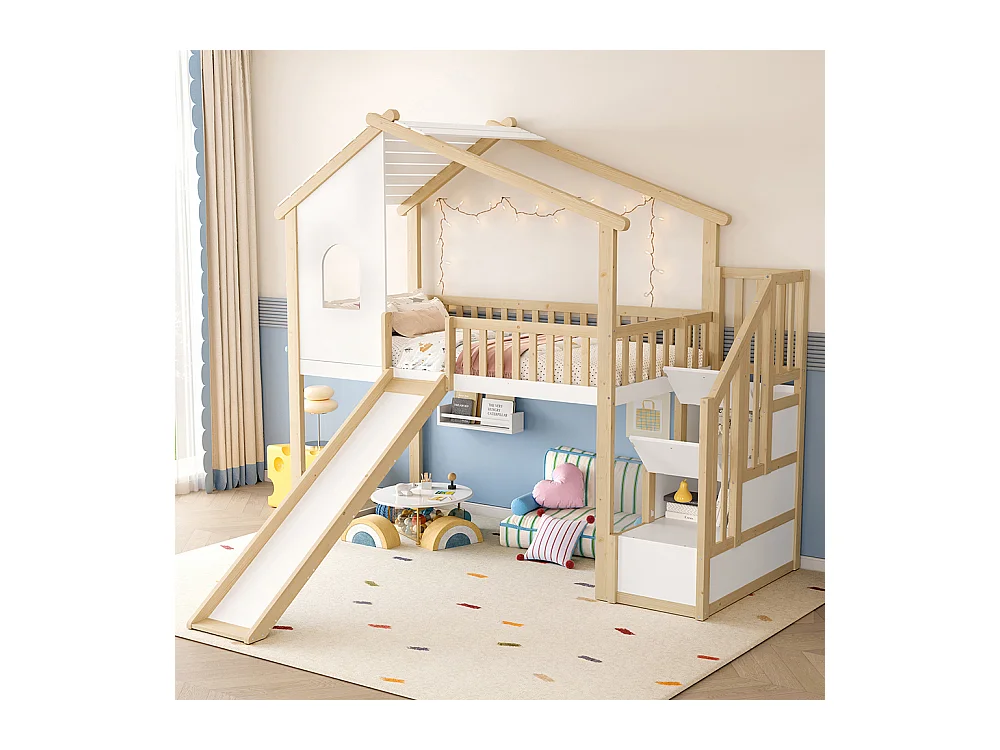 Lit mezzanine 90x200 cm barrières sécurité échelle rangement fenêtre toboggan moulure naturel blanc