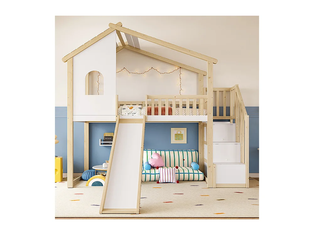 Lit mezzanine 90x200 cm barrières sécurité échelle rangement fenêtre toboggan moulure naturel blanc