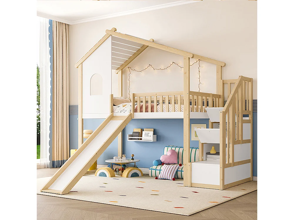 Lit mezzanine 90x200 cm barrières sécurité échelle rangement fenêtre toboggan moulure naturel blanc