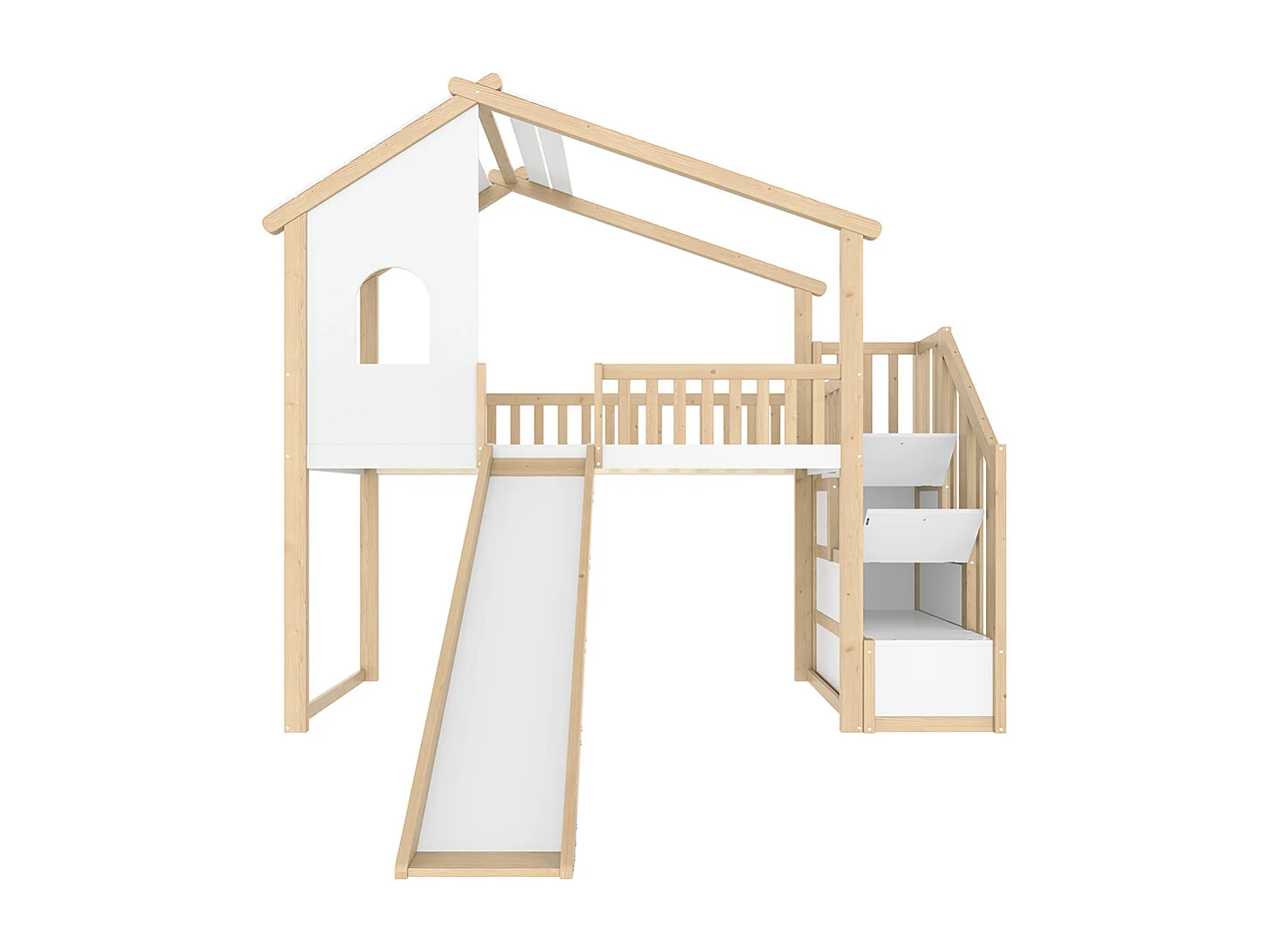 Lit mezzanine 90x200 cm barrières sécurité échelle rangement fenêtre toboggan moulure naturel blanc