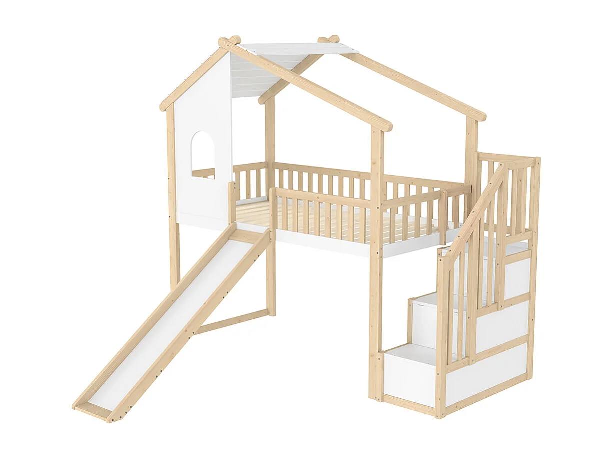 Lit mezzanine 90x200 cm barrières sécurité échelle rangement fenêtre toboggan moulure naturel blanc
