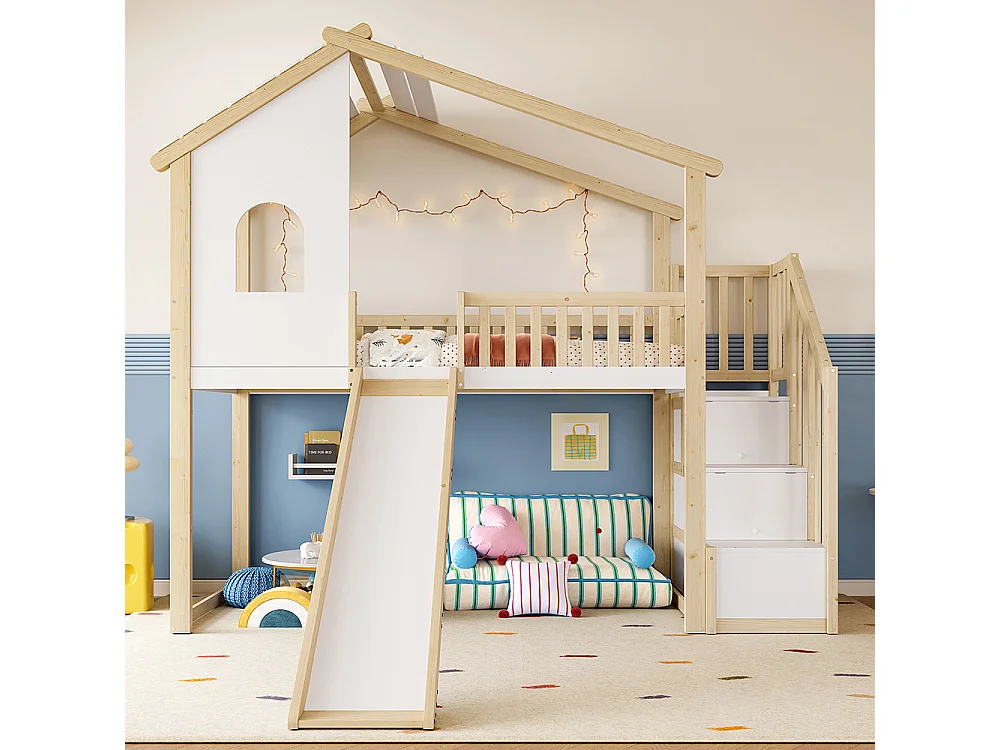 Lit mezzanine 90x200 cm barrières sécurité échelle rangement fenêtre toboggan moulure naturel blanc