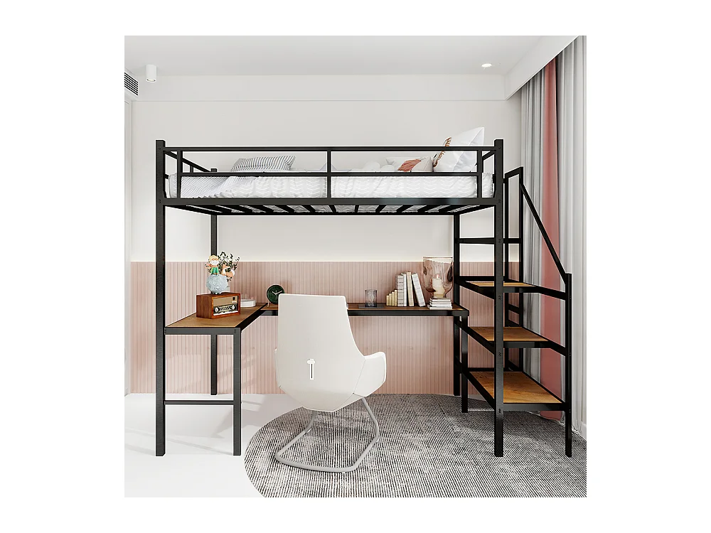 Lit mezzanine 90x190 bureau L grand rangement compartiments cadre stable escalier garde-corps continu minimaliste silencieux sans ressorts noir