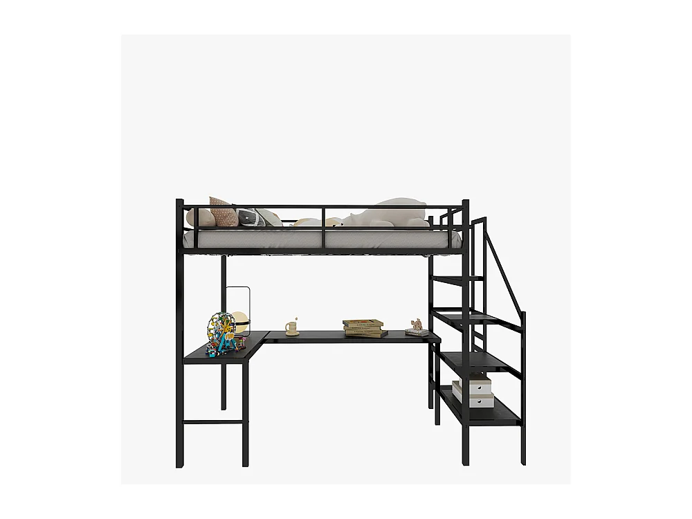 Lit mezzanine 90x190 bureau L grand rangement compartiments cadre stable escalier garde-corps continu minimaliste silencieux sans ressorts noir