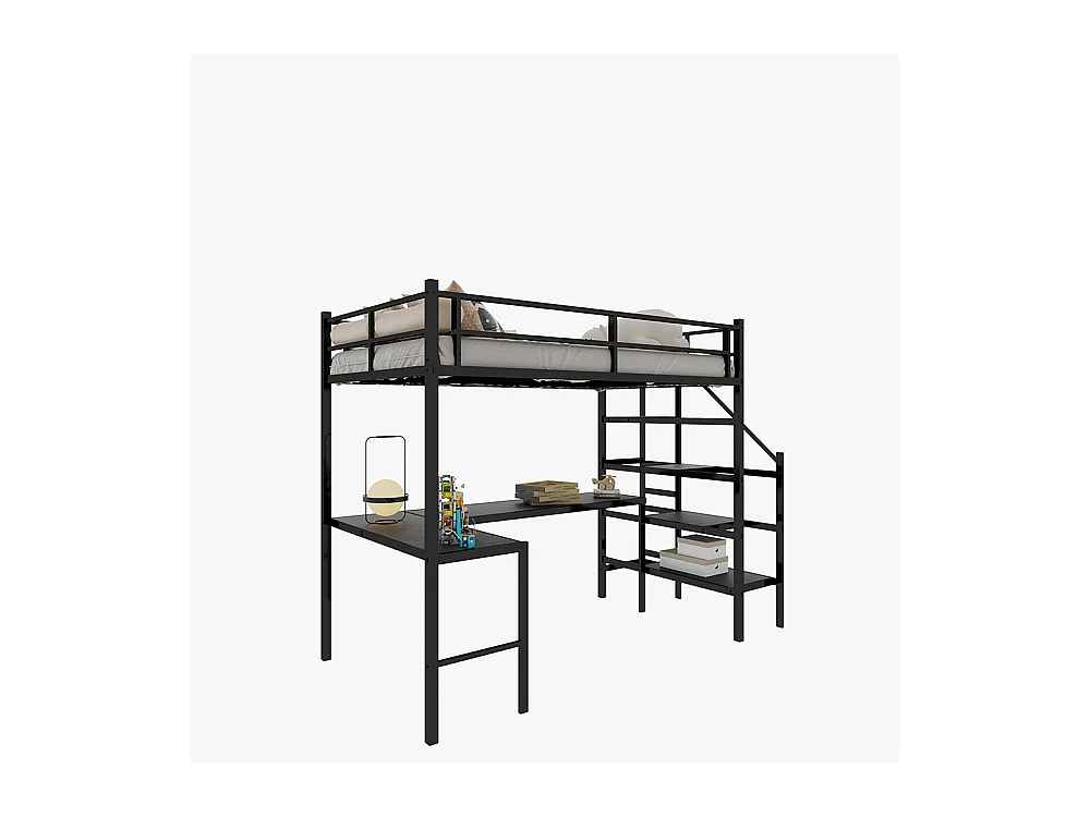 Lit mezzanine 90x190 bureau L grand rangement compartiments cadre stable escalier garde-corps continu minimaliste silencieux sans ressorts noir