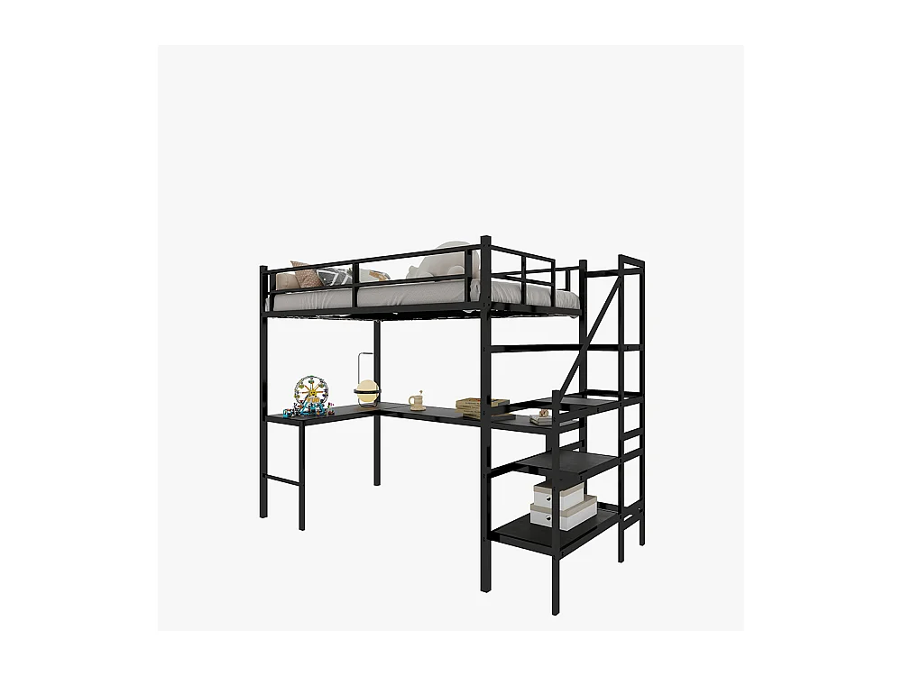 Lit mezzanine 90x190 bureau L grand rangement compartiments cadre stable escalier garde-corps continu minimaliste silencieux sans ressorts noir