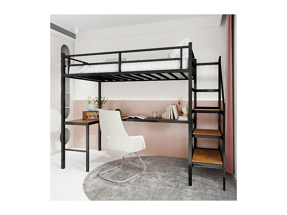 Lit mezzanine 90x190 bureau L grand rangement compartiments cadre stable escalier garde-corps continu minimaliste silencieux sans ressorts noir